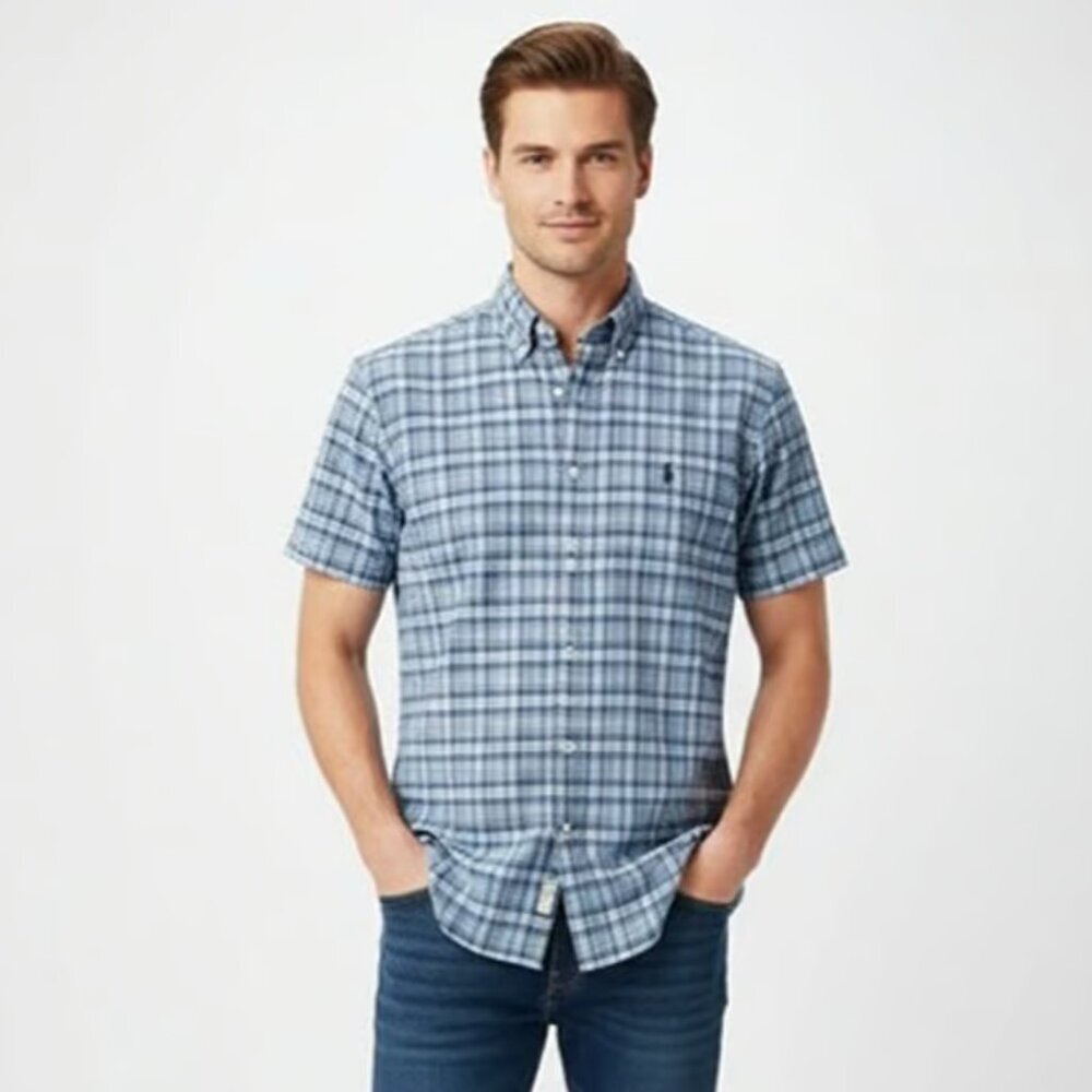 Ralph Lauren Men's Classic Fit Blue Plaid Short Sleeve Button Down Shirt - M
